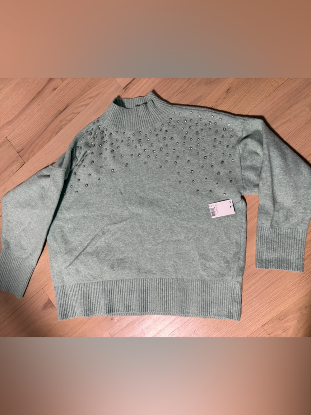 Nine West Mint Green Bead-Embellished Mock Neck Sweater